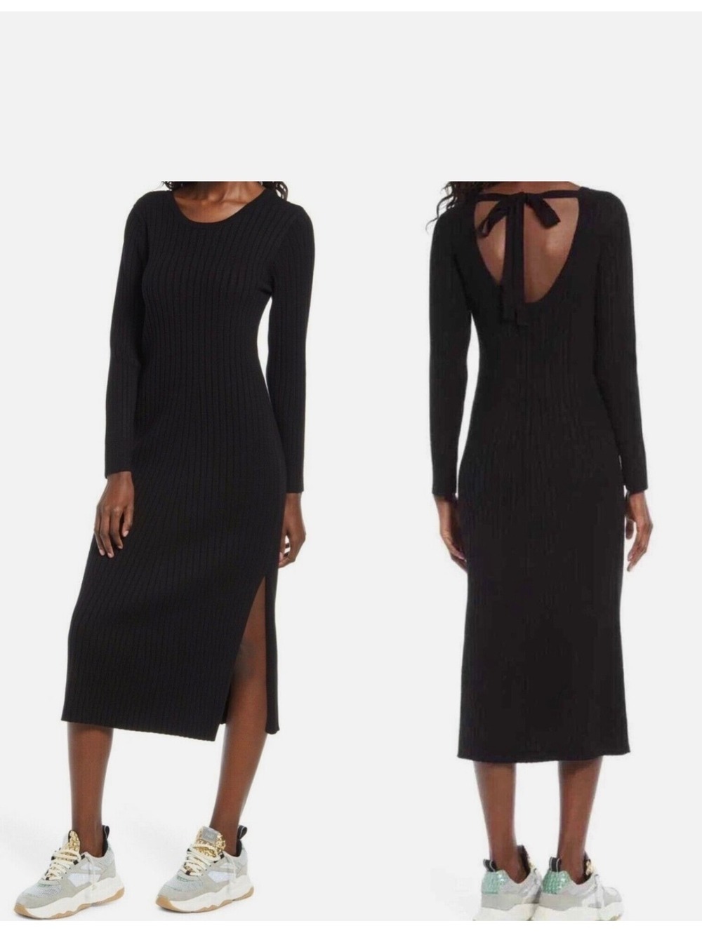 Wayf X BFF Hollie Midi Sweater Dress Size M Black Rib Knit Bodycon Tie Back